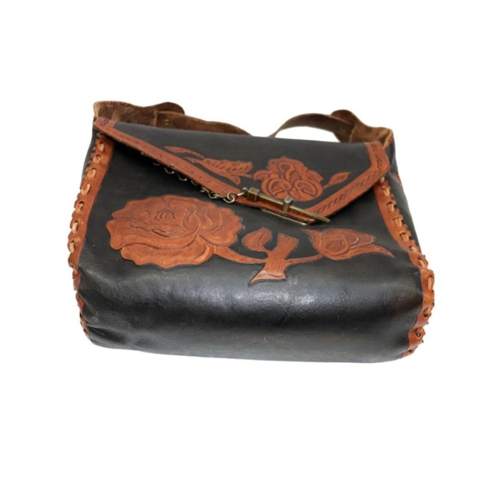 VINTAGE 1970 Hand Tooled Handcrafted Leather Floral Purse Satchel - Picture 6 of 7